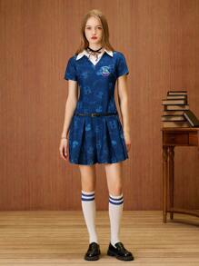 HARRY POTTER X SHEIN Đầm ngắn tay in chữ cho nữ - Màu xanh hải quân - Xem 6