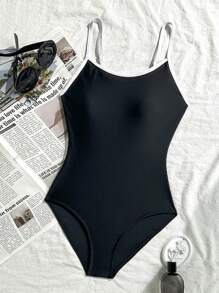 SHEIN TEENGIRL Black & White Contrast Color One-Piece Swimsuit, Minimalist One-Piece Swimwear For Beach Vacation Swim Suits For Teens One Piece Swim Suits For Teen Girl One Piece One Piece Bathing Suit For Teens One Piece Bathing Suit For Teen Bathing Suits For Teens One Piece