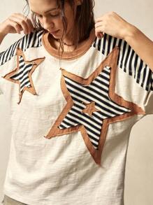 Bohemela Vintage amerikanischer, legerer Urlaubs-Stil, Farbblock Sternmuster Loose Fit Rundhals Kurzarm Damen T-Shirt