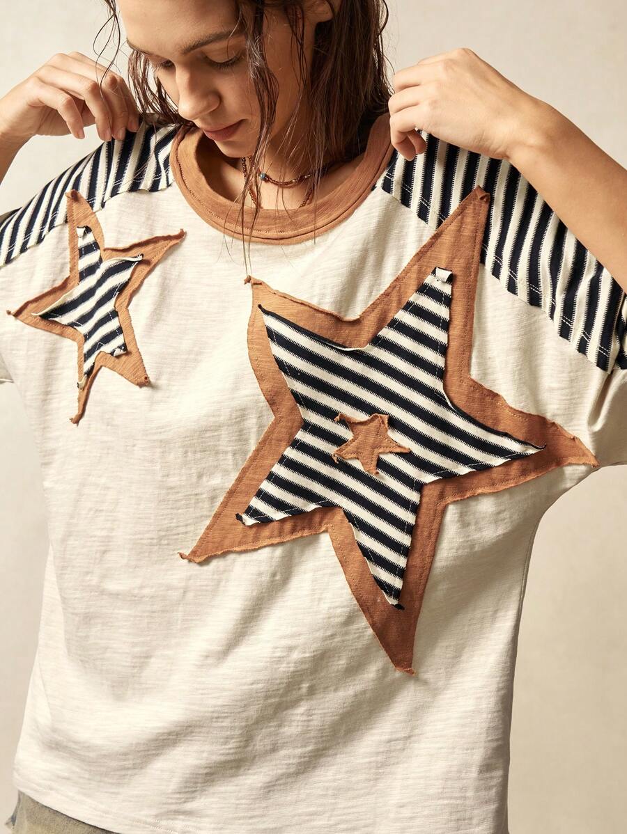 Bohemela 复古美式休闲度假风撞色星形图案圆领宽松短袖T恤（女款） - 杏色 - 查看 1