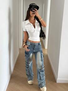 StreetHx Women's Plain Color Metal Decor Pocket Fitted Short Sleeve T-Shirt, Spring/Summer