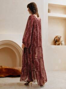 Arave 女士雪纺细肩带宽松喇叭袖灯笼袖度假风印花时尚通勤多层拼接V领荷叶边长裙两件套 - 棕色 - 查看 10