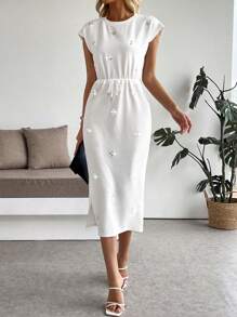 Breezaya 女式水晶装饰圆领短袖优雅迷你连衣裙 - 白色 - 查看 4