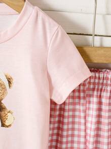 SHEIN Playful Pals 2 件套女婴幼儿休闲可爱熊图案短袖 T 恤和裤子套装，春夏 0-3 岁 - 粉色 - 查看 8
