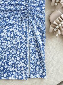 2 pièces/Set Haut tricoté sans manches unicolore et mini-jupe évasée à fleurs de jeune fille