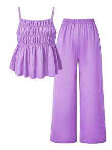 SHEIN Sparklyn 2 件套青少年女孩休闲纹理泡泡褶修身吊带背心和阔腿裤套装，甜美可爱风格适合日常、度假、外出、姐妹拍照 - 紫色 - 查看 3