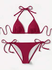 SHEIN Swim 2022 Women Solid Color Halter Lace-Up Sexy Bikini Swimsuit Sets For Summer Beach Vacation - Burgundy - View 1