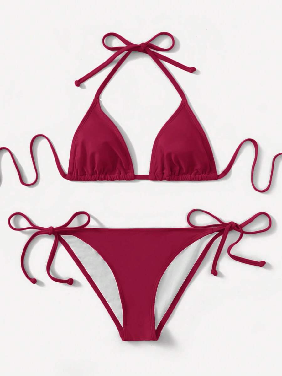 SHEIN Swim 2022 Women Solid Color Halter Lace-Up Sexy Bikini Swimsuit Sets For Summer Beach Vacation - Burgundy - View 1