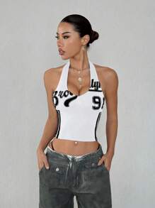 StreetHx Women's V-Neck Sleeveless Tank Top, Streetwear Fashion Colorblock "98" Letter Print - White - View 5