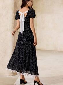 Femmeiva Polka Dot Bow Decor Tassel Colorblock Chiffon Bubble Printing Short Sleeve Dress Boho Vacation Fashionable Style All Over Print For Summer - Black and White - View 1