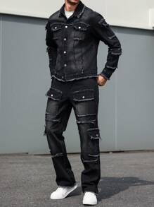 Manfinity LEGND Men's Casual Everyday Distressed Denim Jacket And Black Jeans Set - Black - View 8