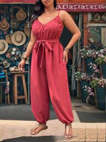 SHEIN LUNE 时尚休闲复古 V 领细肩带束腰连体裤 - 紅色 - 查看 4