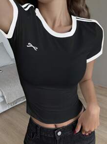 DAZY Women Contrast Color Block Round Neck Short Sleeve Bow Print Slim Fit T-Shirt - Black - View 2