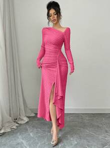 Elenzga Women's Elegant Fashionable Commuting Charming Long Sleeve Asymmetrical Collar Ruched Waist Bodycon Textured Knit Maxi Dress Fall Cloth For Women