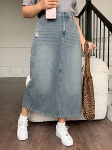 Dazy Plus 大码复古水洗蓝色做旧 A 字牛仔裙 牛仔裙 秋冬 - 中等水洗藍 - 查看 4