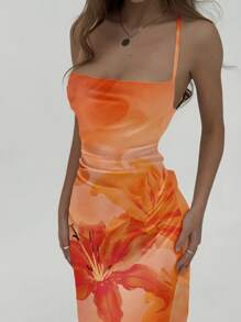 Aloruh فستان ماكسي للنساء ذو رقبة رخوة وظهر مفتوح وأشرطة متقاطعة مناسب للصيف والعطلات، بطبعة أزهار الخبرى البرتقالية الأنيقة، طبعة أزهار هاواي