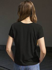 Jouncy T-shirt à manches courtes et col en V pour femme, couleur unie, à la mode pour l'été - Noir - Voir 2