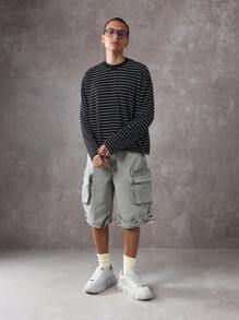 SUMWON 基本款常规版型长袖条纹 T 恤 - 黑與白 - 查看 3