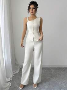 Elenzga 女士春夏无袖纽扣背心和直腿纽扣裤套装 - 杏色 - 查看 5