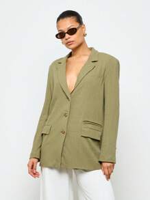 AiiRZ Blazer con aspecto de lino, solapa grande, doble bolsillo de solapa al frente - Verde - Ver 1