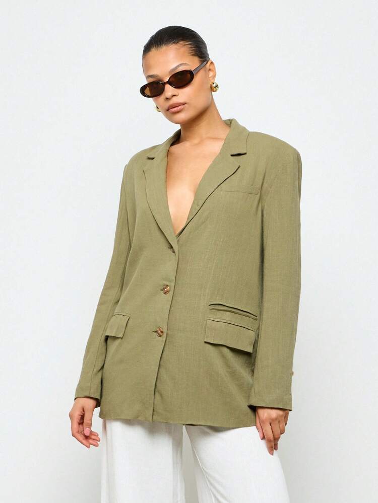 Linen Look Oversized Lapel Front Double Flap Pocket Blazer