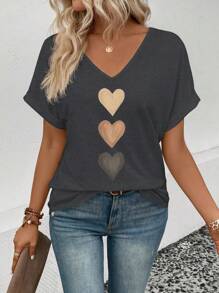 SHEIN Women's Spring/Summer V-Neck Ruffle Cuff, Ombre Heart Graphic Casual & Versatile T-Shirt - Dark Grey - View 6