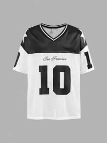 Conjunto de 2 piezas para niña preadolescente con camiseta de cuello en V de manga corta holgada con estampado numérico y alfabético, y pantalones cargo de pierna ancha - Blanco y Negro - Ver 4