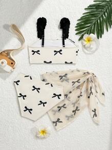 3件套女童可爱蝴蝶结印花比基尼套装（含纱笼沙滩罩衫）