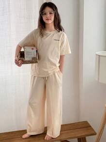 DAZY Tween Girl Short Sleeve Letter Print Knit Top And Pants Homewear Set, Spring/Summer,Back To School Clothes - Apricot - View 4