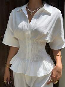 Muchica Camisa informal de mujer de manga de murciélago blanca con cintura fruncida, verano