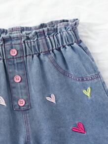 Tween Girl Light-Wash Playful Heart Embroidered Casual Loose Waist Denim Shorts, Simple Fashion Versatile Everyday Wear, School, Campus, College - Light Wash - View 5