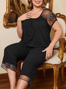 Plus Size Lace Patchwork Short Sleeve Casual Pajama Set Holiday Season - Black - View 4
