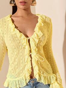 SHEIN BAE Apricot Lace Blouse With Ruffle Trim & Tie Neck, Sexy Minimalist Design, Versatile For Spring, Summer, Date, Party, Wedding, Work And Daily Wear - Yellow - View 6
