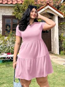 Solflare 春夏假期粉色短袖宽松大码T恤连衣裙 - 粉色 - 查看 3