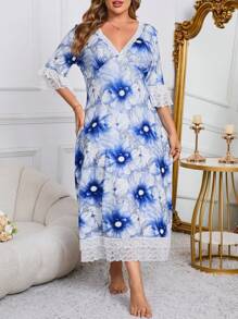 Camisón de talla grande con estampado floral romántico francés y volante en el bajo - Azul - Ver 6