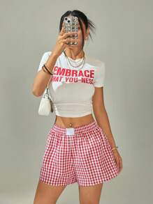 SHEIN PETITE Women High Waist Plaid Shorts, Fashionable For Summer,Flowy Shorts