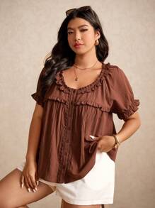 Elaquor 大码简约纯色短袖衬衫，夏季时尚 - 咖啡棕 - 查看 3