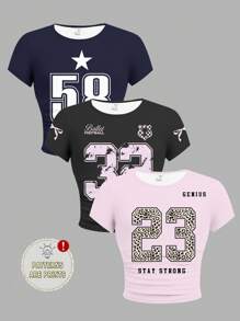 SHEIN Leap Crew 3pcs Set Tween Girls Slim Fit Casual Solid Knit Tops With Ruched Collar, Leopard Print Number Graphic, And Bow Print, Short Sleeve - Multicolor - View 1