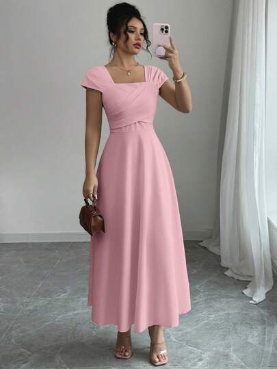 Modelyn 女士夏季优雅纯色收腰方领连衣裙