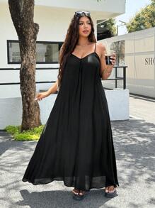 SHEIN EZwear Plus Size Sleeveless V-Neck Solid Color Dress, Summer Casual - Black - View 5