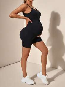 SHEIN 1 Set Backless Strap Fitted Maternity Activewear Yoga Jumpsuit Super High Rise Belly Support Maternity Leggings High-Stretchy Gym Shorts,Word Cup - Black - View 5