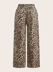 SHEIN EZwear 梭织双色豹纹女式休闲喇叭裤 - 彩色 - 查看 4