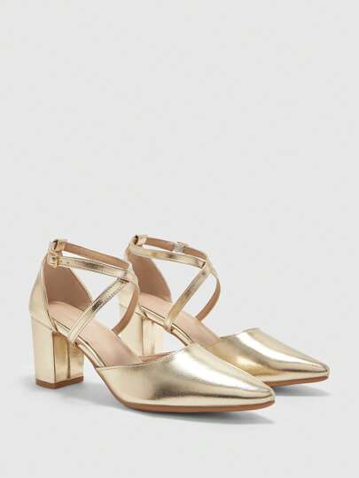 CUCCOO BIZCHIC Women's Pointed Toe Criss-Cross Strap Chunky Heel Elegant Commuter Minimalist Gold Metal Faux Leather Pumps, Hollow-Out Stylish Party Office Formal Basic Versatile Shoes For Christmas
