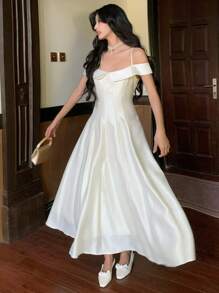 DAZY Váy dự tiệc dài đến bắp chân, viền bèo nhún màu trơn dành cho nữ, mùa xuân/hè, váy trang trọng dành cho nữ - trắng - Xem 2