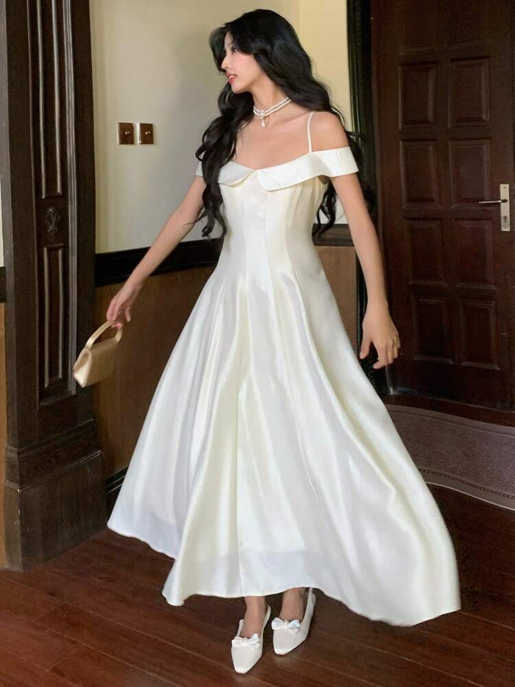 Vestido de Festa Midi com Bainha Franzida de Cor Sólida para Mulheres, Primavera/Verão, Vestidos Formais Femininos