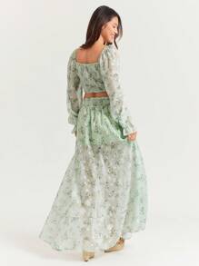 WESTFADE Rok Maxi Bertingkat Chiffon Bermotif Musim Semi dengan Belahan - Hijau - View 4