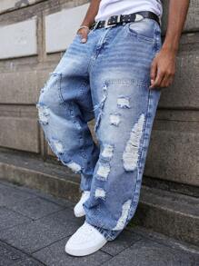 Manfinity EMRG Men's Ripped Jeans, Fashionable For Summer - Medium Wash - View 7