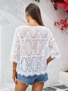 SHEIN Clasi Áo kiểu nữ mùa hè thêu ren lãng mạn, áo xuyên thấu thêu, áo đi nghỉ mát, phong cách Boho. - trắng - Xem 2