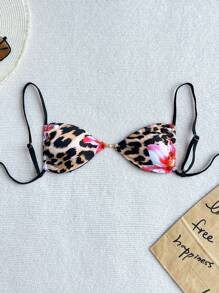 Abstract Leopard & Floral Print Bikini Top, Beach/Vacation For Summer
