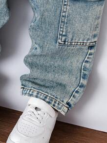 Genkimix Kids Young Boy Casual Contrast Stitching Relaxed Straight Leg Cargo Jeans, School, Campus, College Chic Outfits For Autumn/Winter - Light Wash - View 6
